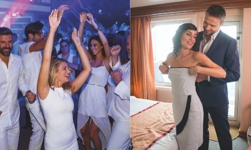 2 images, une première de jeunes qui sont sur la piste de danse d’une boîte de nuit, avec un dress code tout de blanc. La deuxième image un jeune couple qui se prépare, l’homme aide la femme à mettre sa robe élégante, tout deux sur leur 31