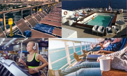 4 photos qui forment une seule. En haut à gauche, une étendue de transats d’un bateau de croisière. A sa droite, le spa d’un bateau. En bas à gauche, une jeune femme sur un tapis de course. Sur la photo de droite, des personnes qui se détende sur un transat devant la mer sur un bateau