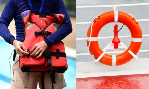 deux photos l’une à côté de l’autre. La première est le buste d’un jeune homme qui tient dans la main un gilet de sauvetage. La seconde est une bouée de sauvetage accrochée à un bateau