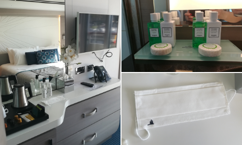 Intérieur de la cabine prestige, masque de protection et produits de toilette Hermès