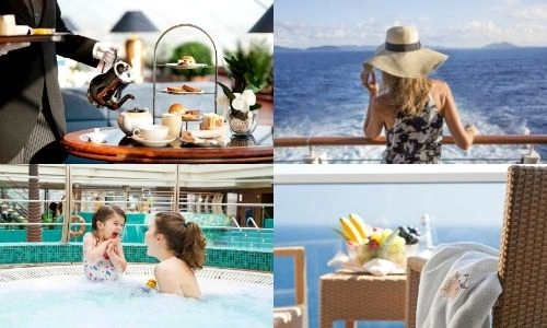 balise alt : quatre photos proportionnelles. En haut à gauche un membre de l’équipage qui sert le thé sur un buffet dressé. En haut à droite, une jeune femme de dos, accoudée à la barre du bateau qui regarde la mer. En bas à gauche, une jeune femme et sa petite fille dans une piscine de croisière. En bas à droite, un plateau de fruits sur une table de salon de terrasse d’un bateau avec une serviette de spa sur l’accoudoir d’un fauteuil. 