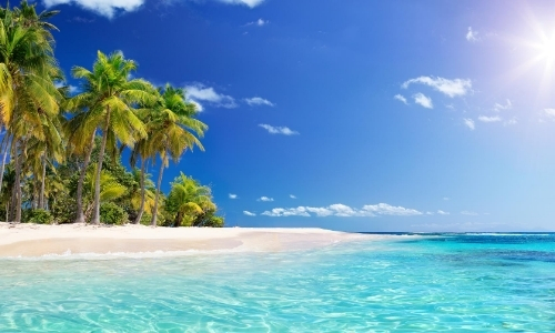 Plage de sable blanc avec palmiers, eau turquoise