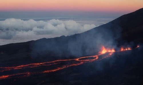 Vue aérienne sur le volcan du Piton de la Fournaise sur l'île de La Réunion avec lave