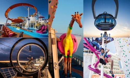 5 photos différentes d’attractions disponible sur un bateau de croisière (toboggan, capsule dans les airs, escalade, etc.)