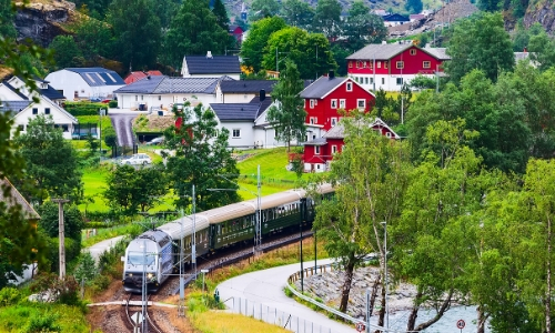 chemin de fer Myrdal-Flam, avec maisons en bois sur le côté, ambiance nature