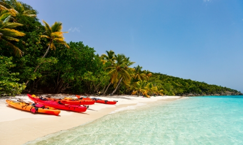 Plage des Caraïbes avec eau transparente, sable blanc, arbres comme une forêt juste à coté, et des kayaks sur le sable