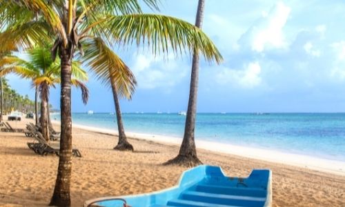 Palmiers des Caraïbes sur une plage avec un bateau bleu sur le sable