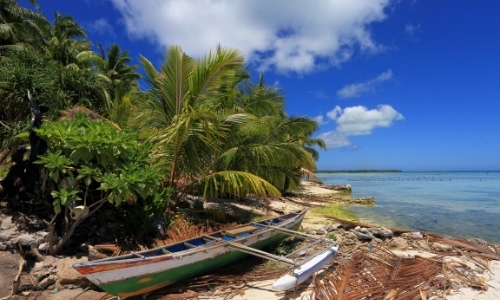 Pirogue traditionnelle sur sable blanc avec palmiers, autres arbres, eau turquoise