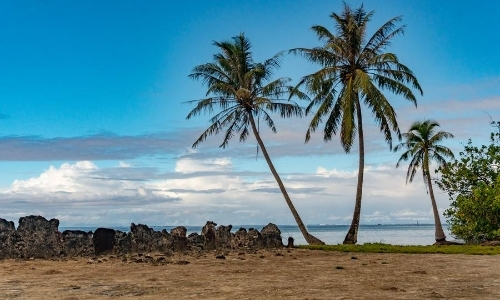 Vue sur le site archéologique de Taputapuatea avec sable marron, palmiers