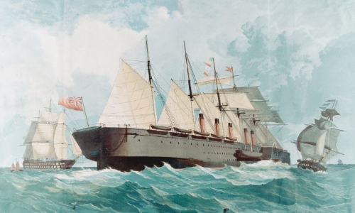 Représentation en dessin du Great Eastern de 1867 avec vagues, voiles sur le bateau