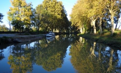  canal en plein jour, entouré d’arbres qui reflètent dans l’eau 