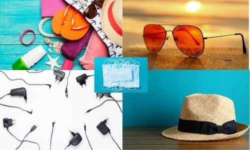 4 photos d'accessoires du quotidien qu'on peut trouver dans un sac d'un vacancier : lunettes de soleil, chapeau, crème solaire, tongs, chargeur de téléphone, masques