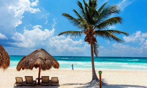 paillottes avec des transats er parasol en osier sur une plage des Caraïbes