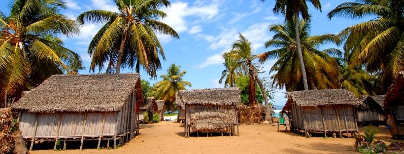 Les cabanes entourées de palmiers sur la plage au bord de l'eau à Madagascar 